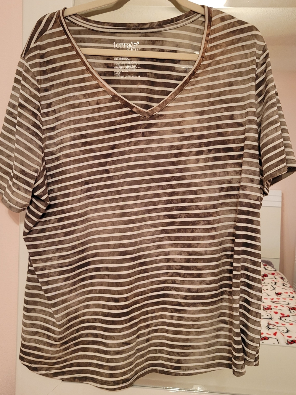 Terra & Sky Women's Green and White Striped V-Neck Tee